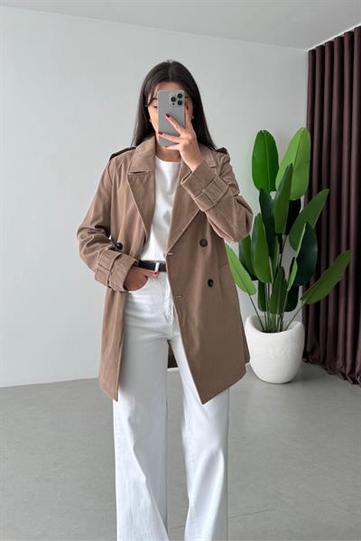 Nixi Bej Premium Süet Midi Boy Trençkot