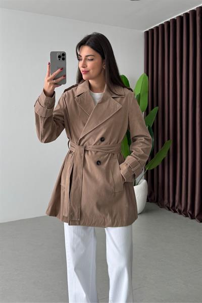 Nixi Bej Premium Süet Midi Boy Trençkot