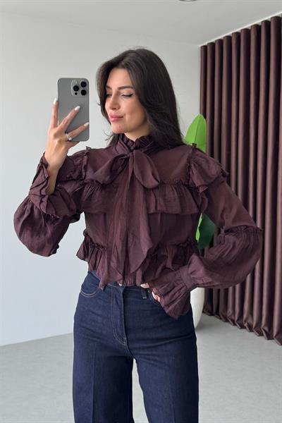 Noa Bordo Şal Detay Kısa Şifon Bluz