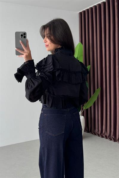 Noa Siyah Şal Detay Kısa Şifon Bluz