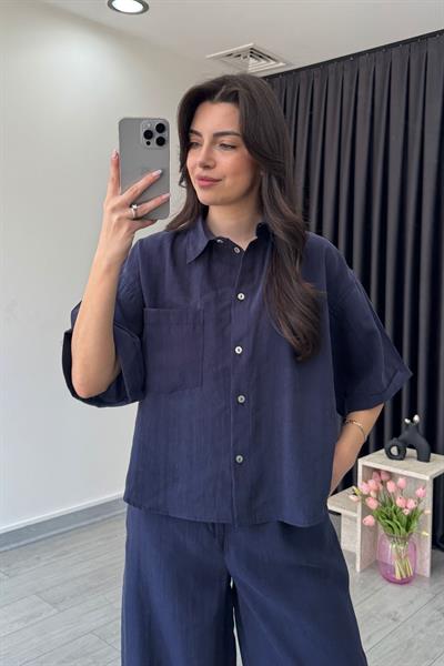 Nora Lacivert Tensel Gömlek Pantolon Takım