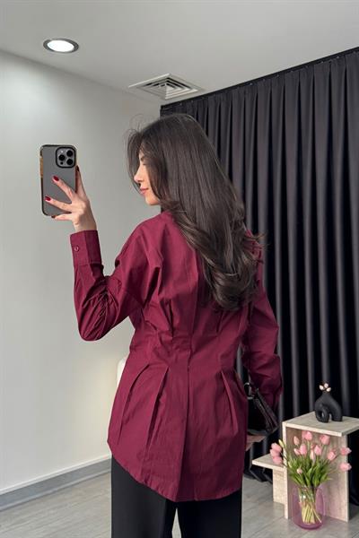 Nori Belden Oturtmalı Bordo Poplin Gömlek