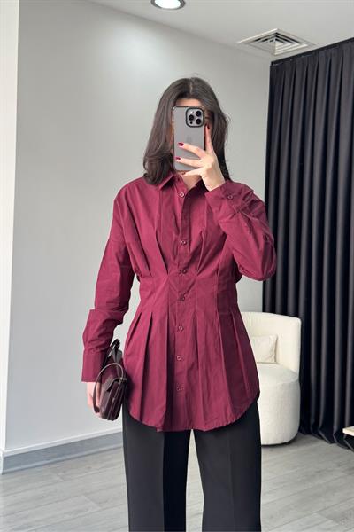 Nori Belden Oturtmalı Bordo Poplin Gömlek