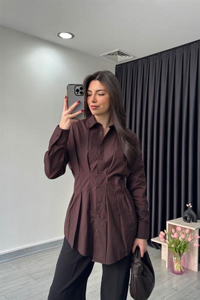 Nori Belden Oturtmalı Acı Kahve Poplin Gömlek