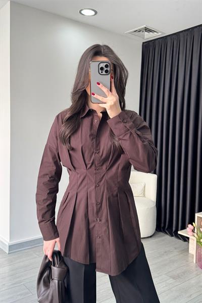 Nori Belden Oturtmalı Acı Kahve Poplin Gömlek