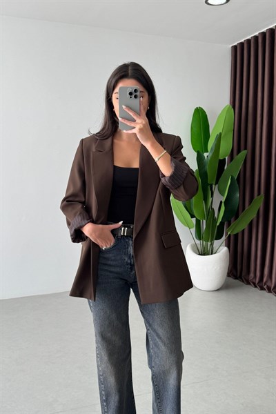 Nowan Kahve Çizgili Astar Detay Blazer
