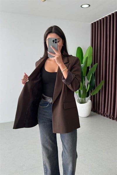 Nowan Kahve Çizgili Astar Detay Blazer