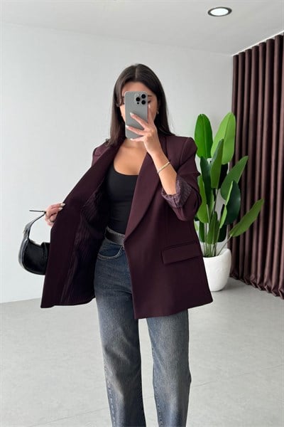 Nowan Mürdüm Çizgili Astar Detay Blazer