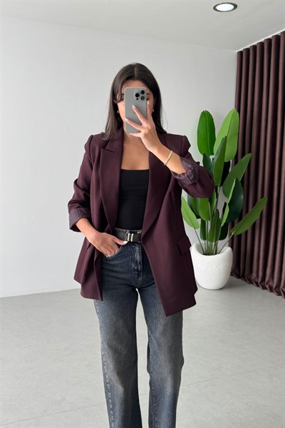 Nowan Mürdüm Çizgili Astar Detay Blazer