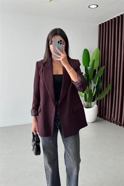 Nowan Mürdüm Çizgili Astar Detay Blazer