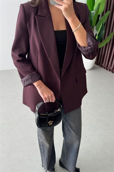 Nowan Mürdüm Çizgili Astar Detay Blazer