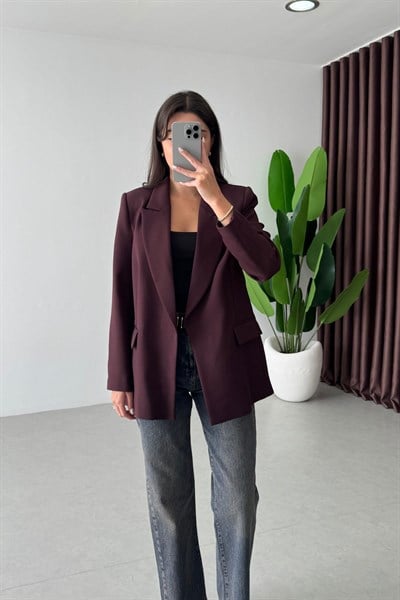 Nowan Mürdüm Çizgili Astar Detay Blazer