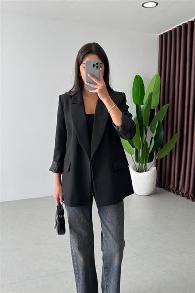 Nowan Siyah Çizgili Astar Detay Blazer