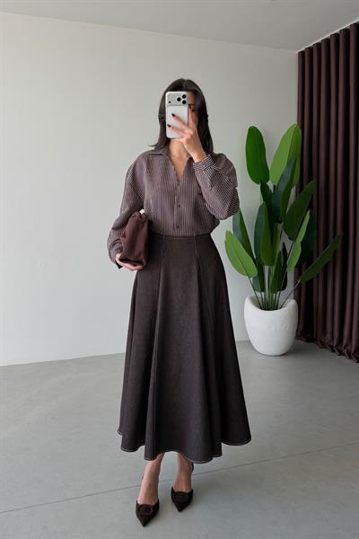 Octa Kahve Çizgili Oversize Gömlek