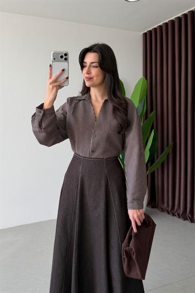 Octa Kahve Çizgili Oversize Gömlek