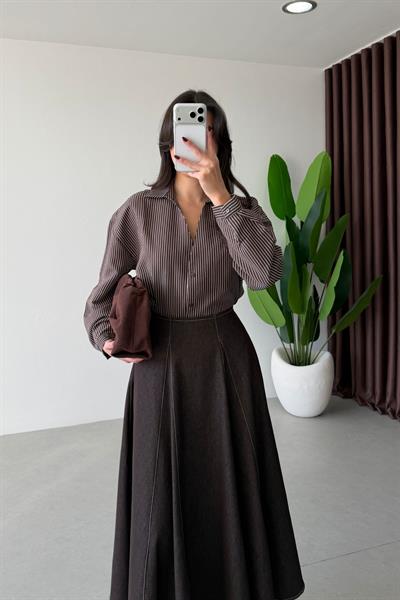 Octa Kahve Çizgili Oversize Gömlek