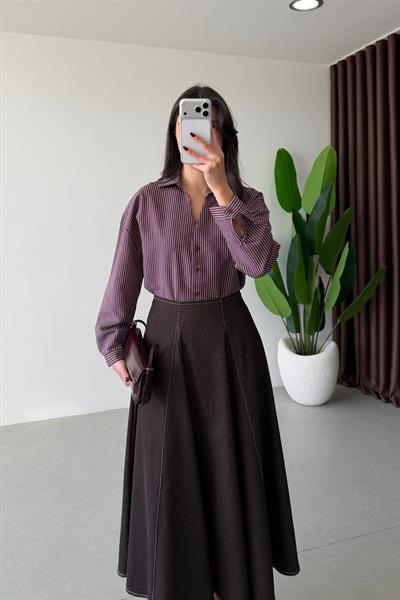 Octa Mürdüm Çizgili Oversize Gömlek