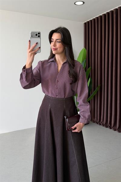 Octa Mürdüm Çizgili Oversize Gömlek