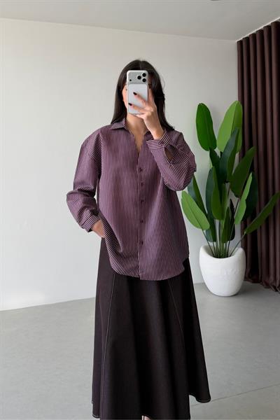 Octa Mürdüm Çizgili Oversize Gömlek