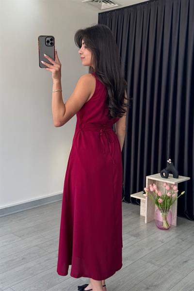 Olivia Düğme Detay Bordo Saten Elbise