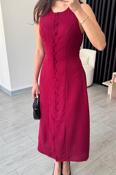Olivia Düğme Detay Bordo Saten Elbise