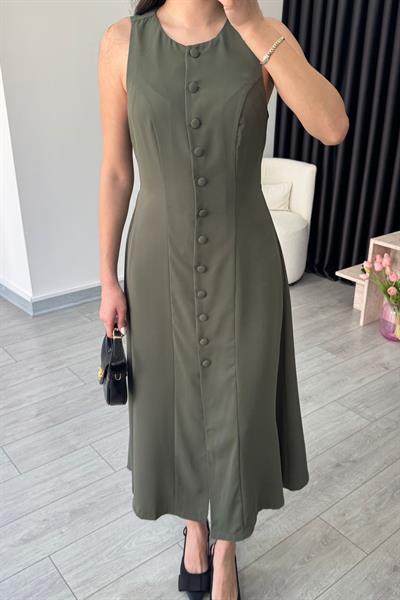 Olivia Düğme Detay Haki Saten Elbise