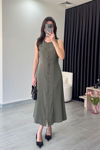 Olivia Düğme Detay Haki Saten Elbise