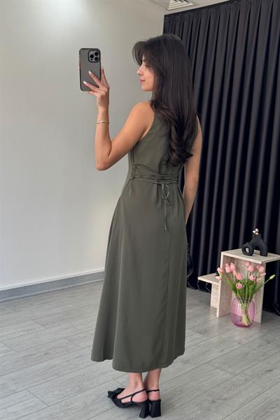 Olivia Düğme Detay Haki Saten Elbise