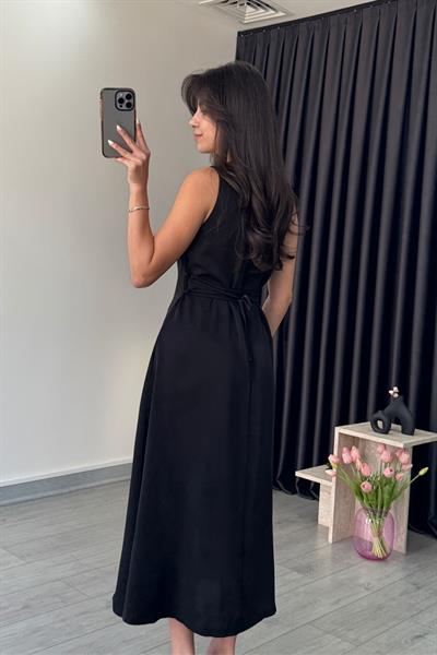 Olivia Düğme Detay Siyah Saten Elbise