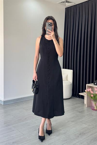 Olivia Düğme Detay Siyah Saten Elbise