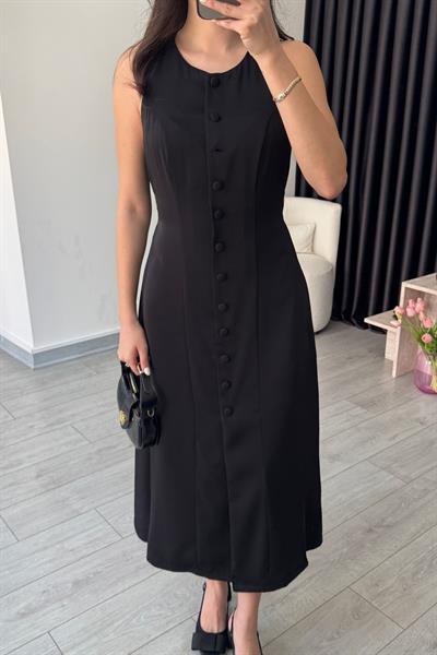 Olivia Düğme Detay Siyah Saten Elbise