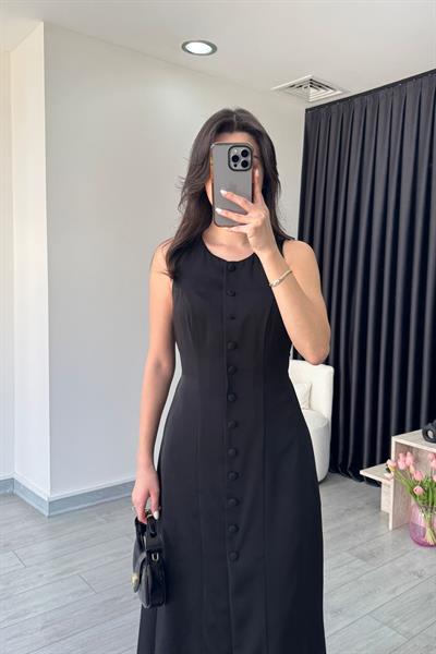 Olivia Düğme Detay Siyah Saten Elbise