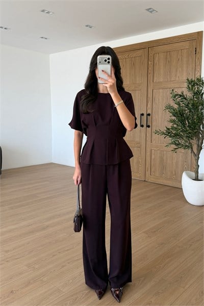 Olivia Mürdüm Belden Oturtmalı Krep Kumaş Takım