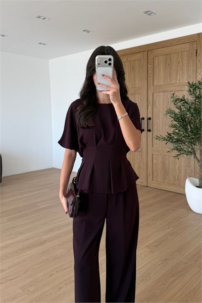 Olivia Mürdüm Belden Oturtmalı Krep Kumaş Takım