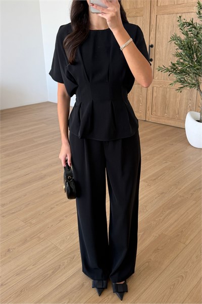 Olivia Siyah Belden Oturtmalı Krep Kumaş Takım