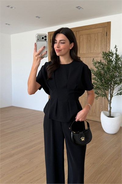 Olivia Siyah Belden Oturtmalı Krep Kumaş Takım