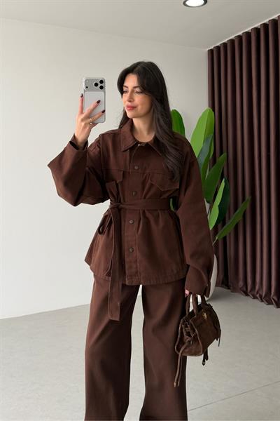 Omnia Kahve Kuşaklı Gabardin Takım
