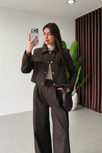 Opre Kahve Denim Ceket Pantolon Takım