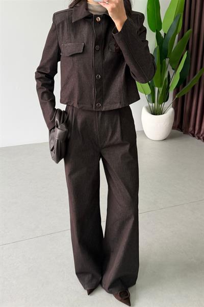 Opre Kahve Denim Ceket Pantolon Takım