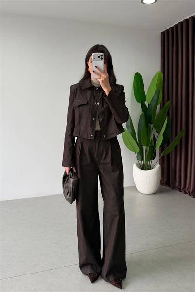 Opre Kahve Denim Ceket Pantolon Takım