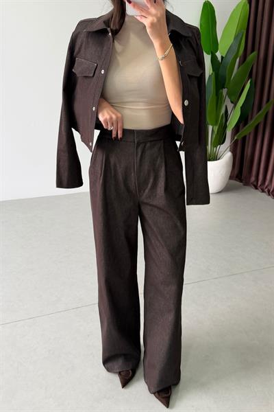 Opre Kahve Denim Ceket Pantolon Takım