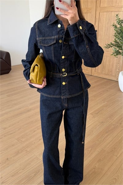 Orena Denim Kemerli Ceket Pantolon Takım
