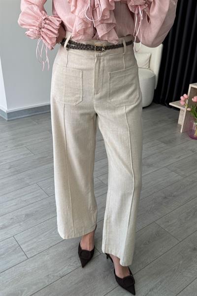 Örgü Kemerli Natural Keten Pantolon
