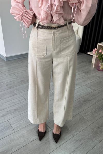 Örgü Kemerli Natural Keten Pantolon
