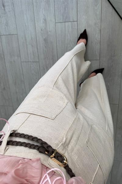 Örgü Kemerli Natural Keten Pantolon