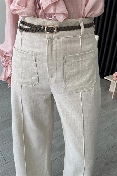 Örgü Kemerli Natural Keten Pantolon