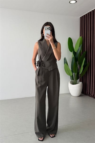 Donna Haki Keten Yelek Pantolon Takım
