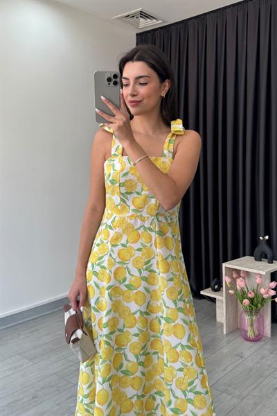Ornel Omuz Bağcıklı Limon Desen Elbise