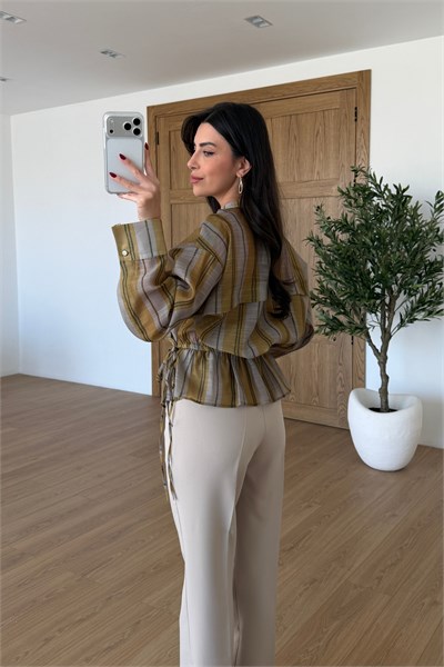 Osel Yağ Yeşili Beli Lastikli Organze Gömlek