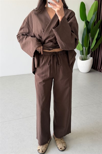 Osila Kahve Keten Kimono Takım